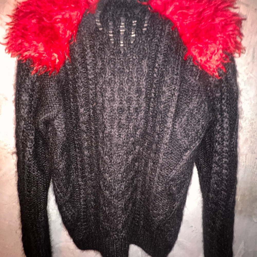 Black Sweater with Red Fur Collar